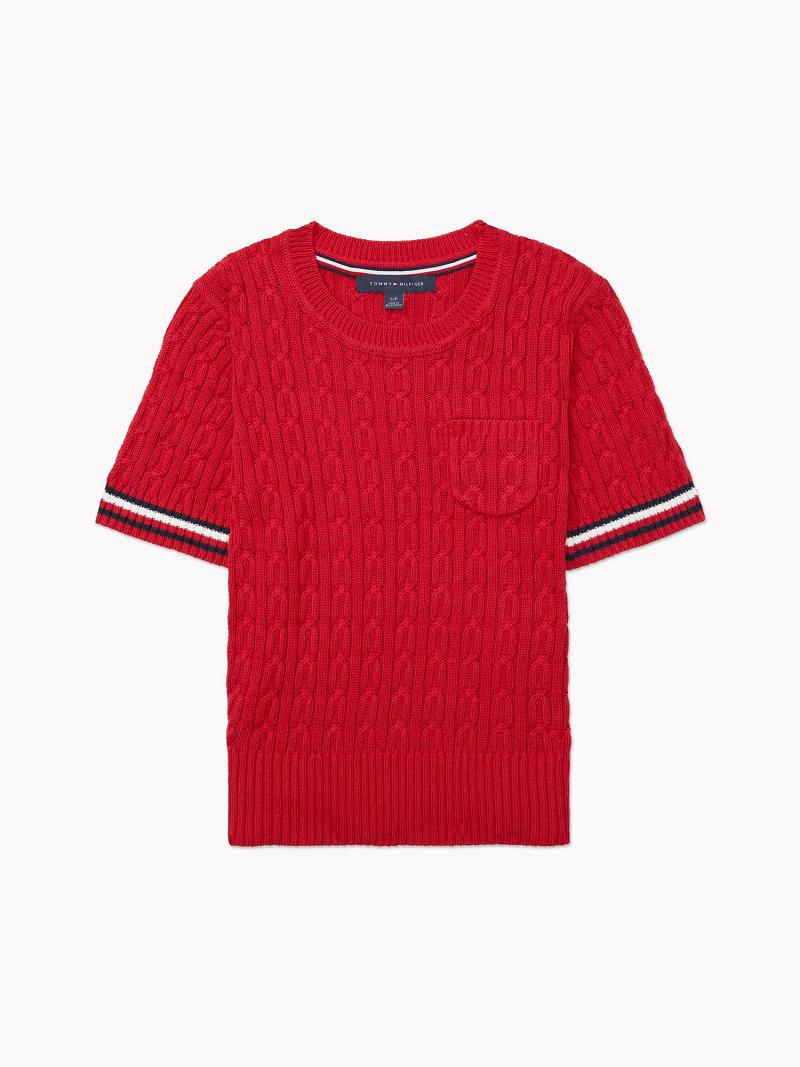 Női Tommy Hilfiger Stripe Cable Knit Pulóverek Piros | HU 368OKI